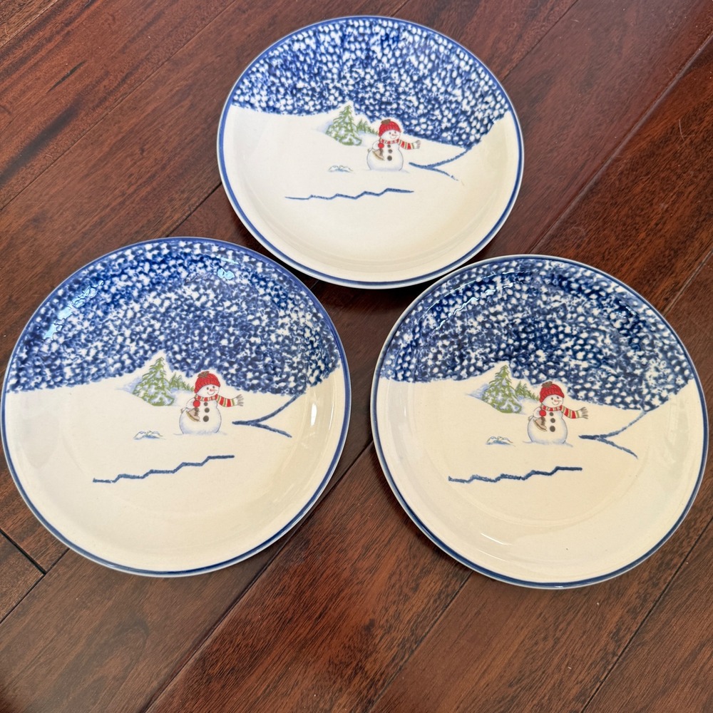 Thomson Pottery Snowman Salad Plates Set 3 Christmas Winter‎ Blue 8"